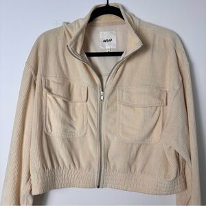 Aerie (L) Cream “Groove On” Corduroy Look Velour Cropped Zip Up Bomber Jacket